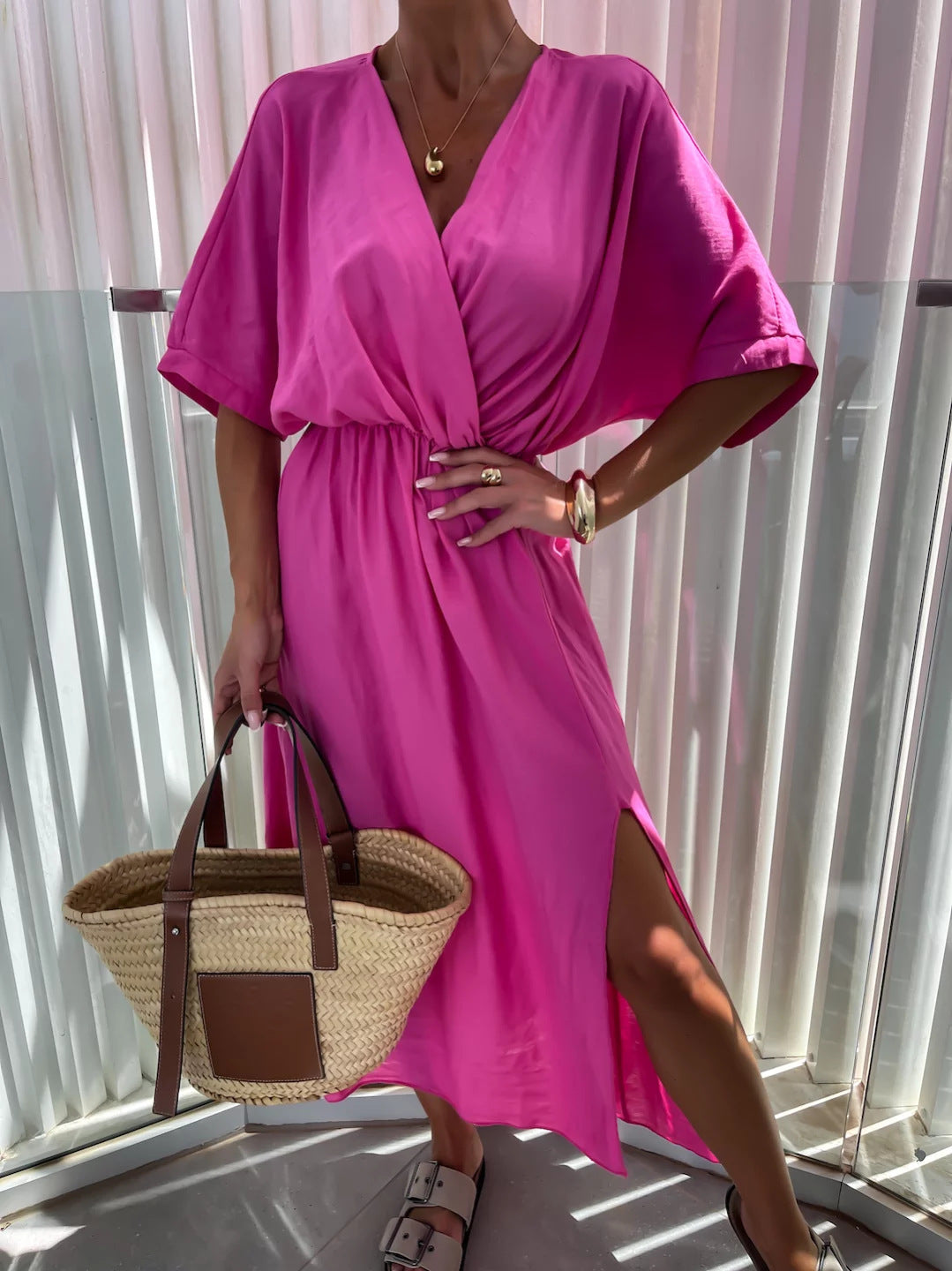Damen lässiges Maxi-Kleid mit tiefem V-Ausschnitt und elastischem Taillenbund R&B