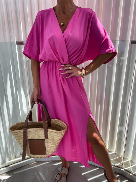 Damen lässiges Maxi-Kleid mit tiefem V-Ausschnitt und elastischem Taillenbund R&B