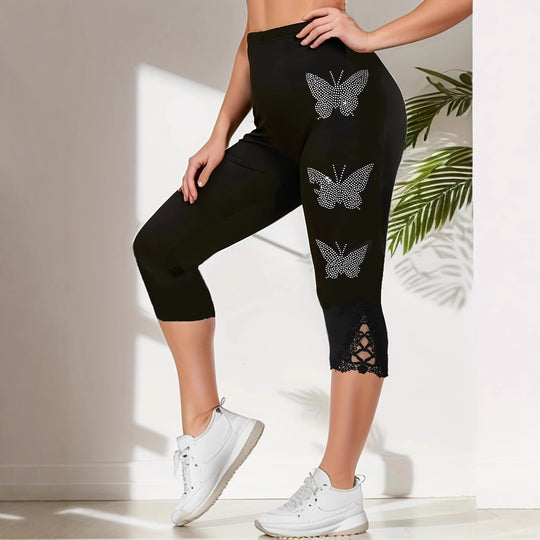 Damen Leggings mit verzierten Schmetterlings-Motiven und Spitze R&B