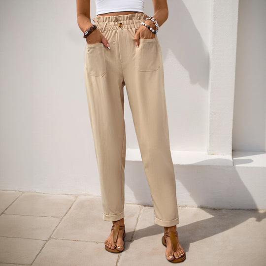 Damen lockere Stoffhose mit elastischem Bund und praktischen Taschen R&B