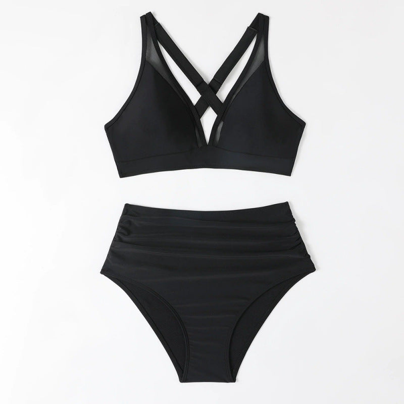 Damen Bikini-Set mit hoch geschnittenem Höschen und modernem Kreuz-Riemen-Design R&B