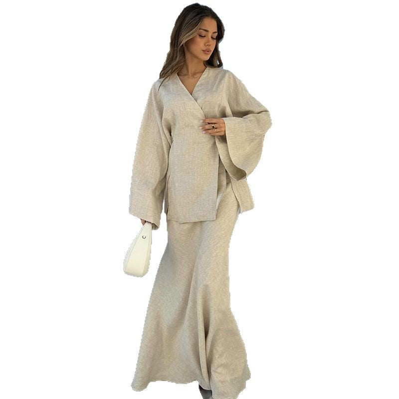 Damen elegantes Maxikleid aus satinierter Baumwolle R&B