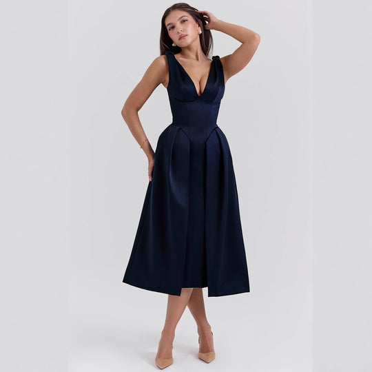 Damen Maxikleid mit elegantem V-Ausschnitt und strukturiertem Rock R&B
