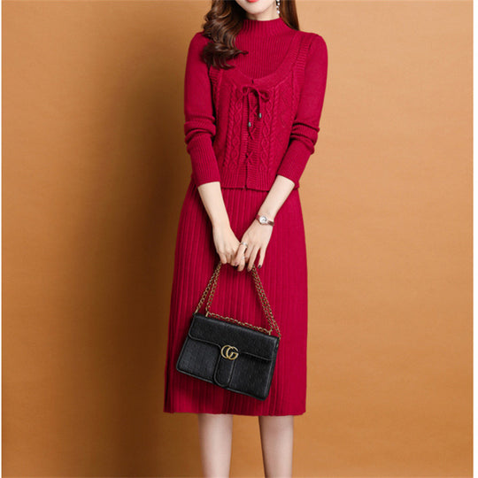 Damen elegantes Strickkleid mit hochgeschlossenem Kragen und dekorativem Zopfdesign R&B