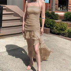 Damen Raffiniertes Maxi-Kleid mit schulterfreiem Design und voluminösem Rüschensaum R&B
