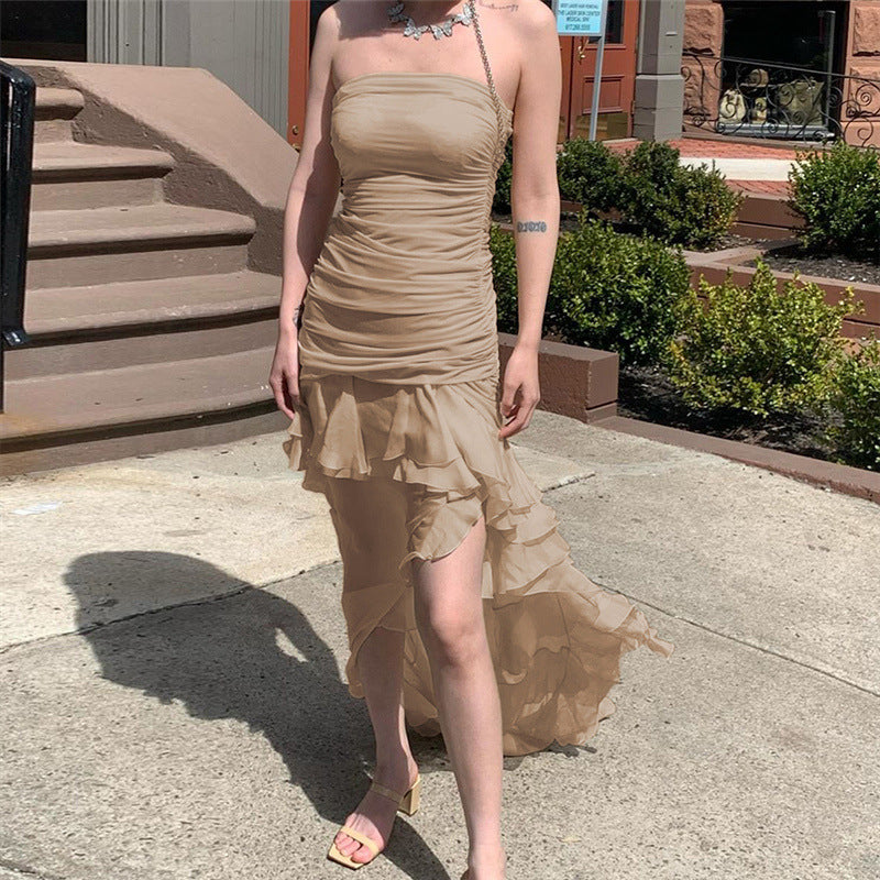 Damen Raffiniertes Maxi-Kleid mit schulterfreiem Design und voluminösem Rüschensaum R&B