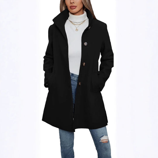 Damen Eleganter Wollmantel mit Hochgeschlossenem Kragen und Praktischen Taschen R&B