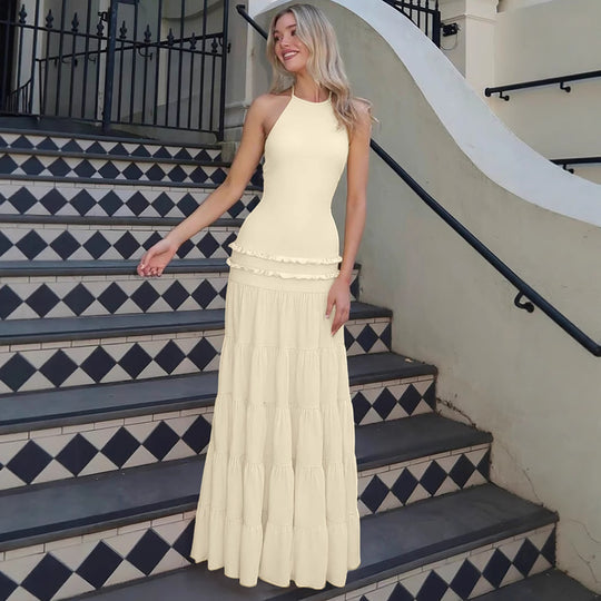 Damen Elegantes Spaghetti-Träger Maxikleid mit Rüschendetails R&B