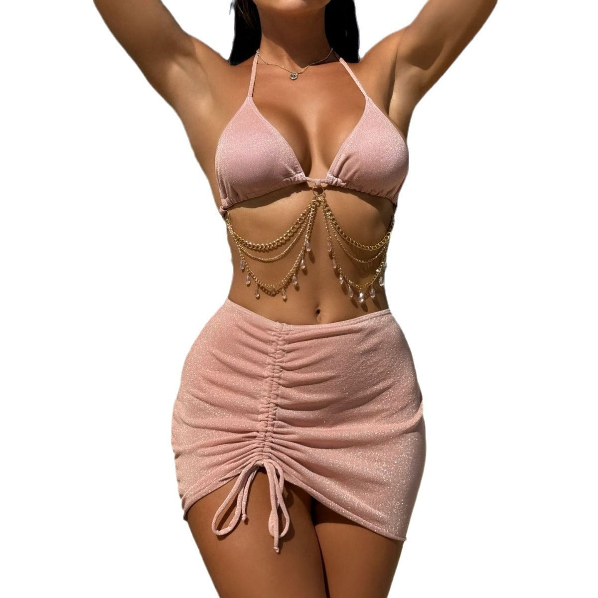 Damen Glitzerndes Triangel-Bikini-Set mit modischem Wickelrock und Kettenverzierung R&B
