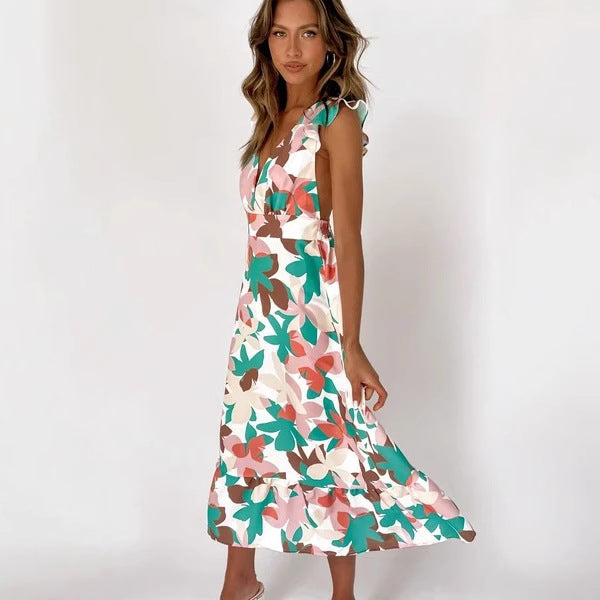 Damen Langärmliges Maxikleid mit verspieltem Rüschendesign und offenem Rücken R&B
