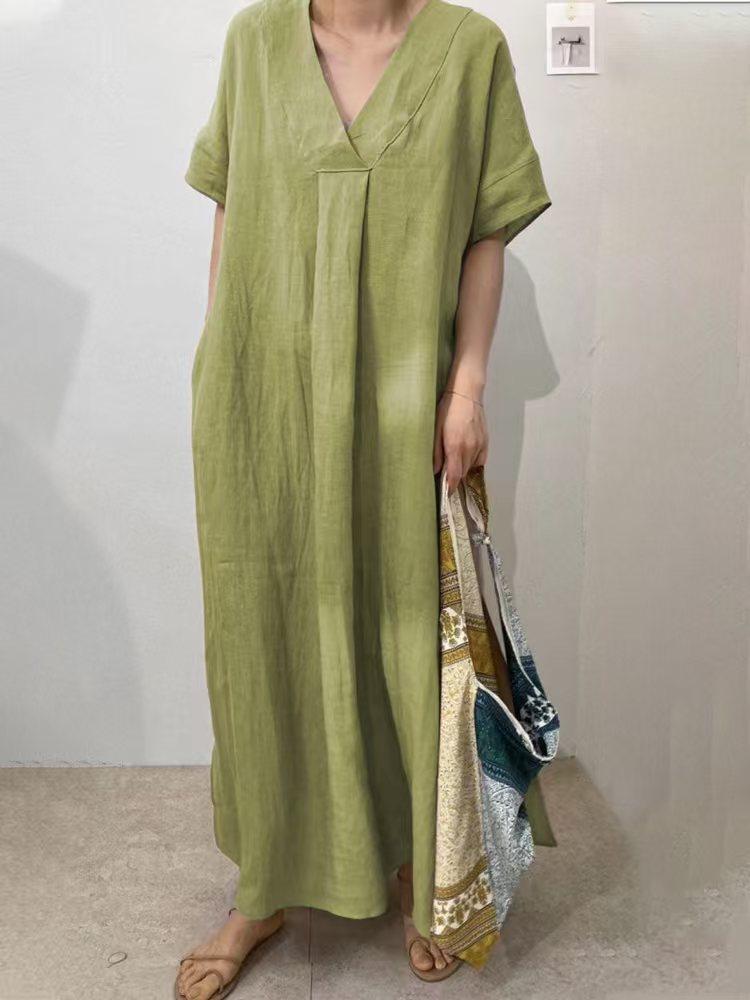 Damen Langes Leinenkleid mit V-Ausschnitt und lässigem Schnitt R&B