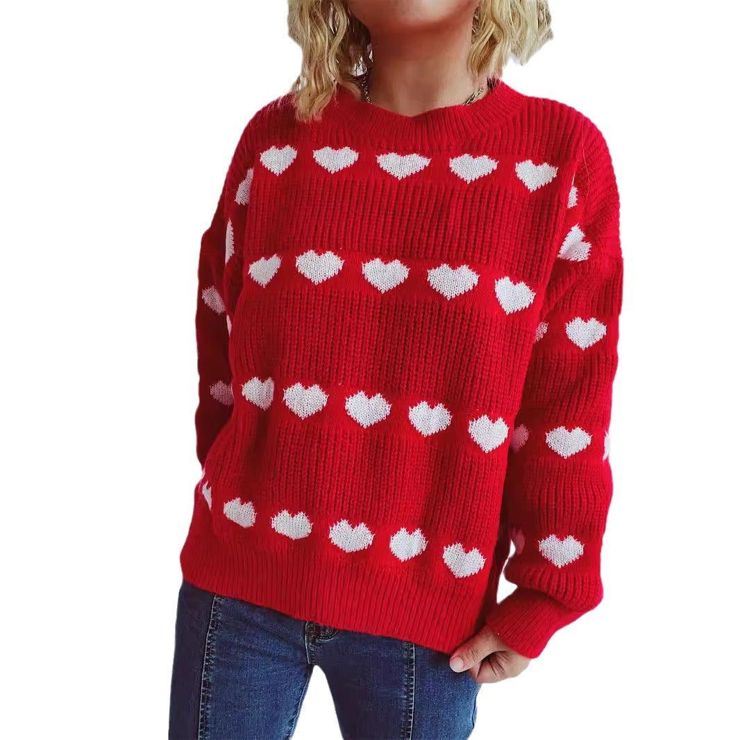 Damen gemütlicher Herzmuster-Strickpullover mit weiten Ärmeln R&B