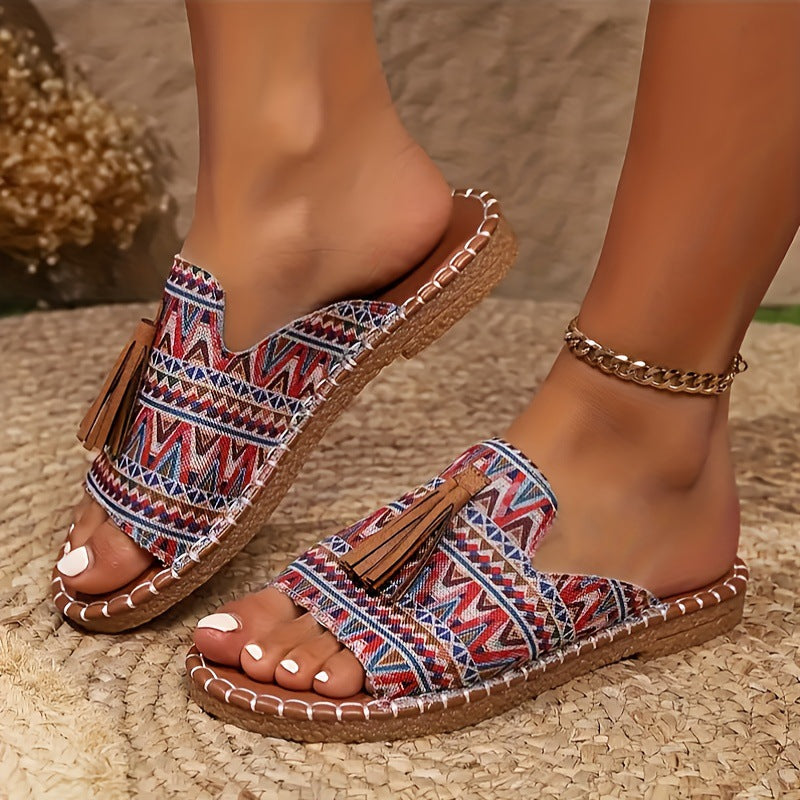 Damen Riemensandalen mit geflochtenem Muster und dekorativen Fransen R&B