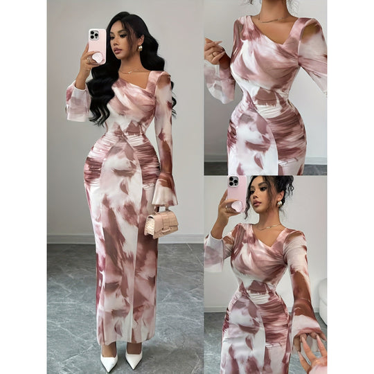 Damen Elegantes Langarm-Maxikleid mit raffiniertem Drapé und figurbetontem Schnitt R&B