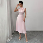 Damen elegantes ärmelloses Midi-Kleid mit drapiertem Ausschnitt R&B