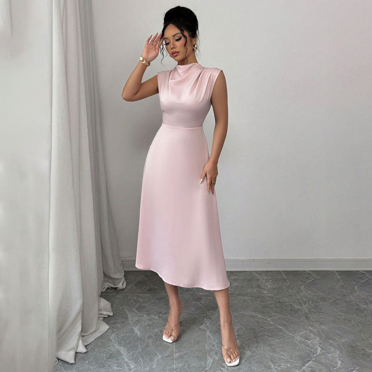 Damen elegantes ärmelloses Midi-Kleid mit drapiertem Ausschnitt R&B
