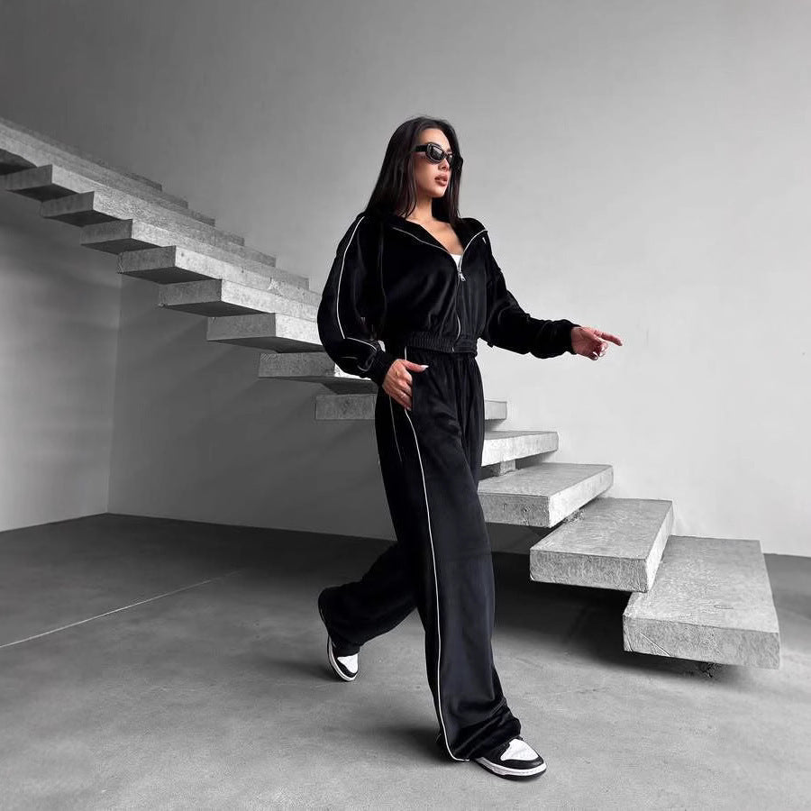Damen Loungewear-Anzug aus hochwertigem Velours mit Kapuze und elastischem Bund R&B