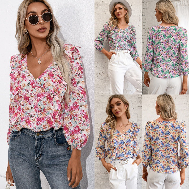 Damen Bluse mit Rüschen und floralem Muster