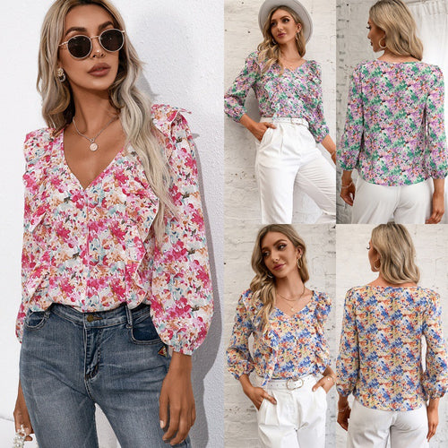 Damen Bluse mit Rüschen und floralem Muster R&B