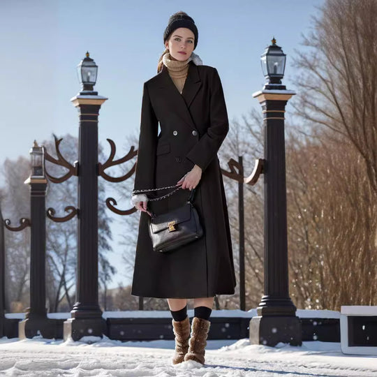 Damen eleganter Langmantel mit doppelter Knopfreihe und seitlichen Eingrifftaschen R&B