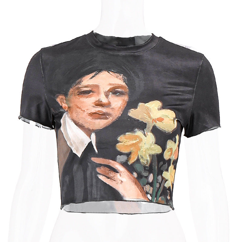 Damen cropped T-Shirt mit künstlerischem Druck und figurbetonter Passform R&B
