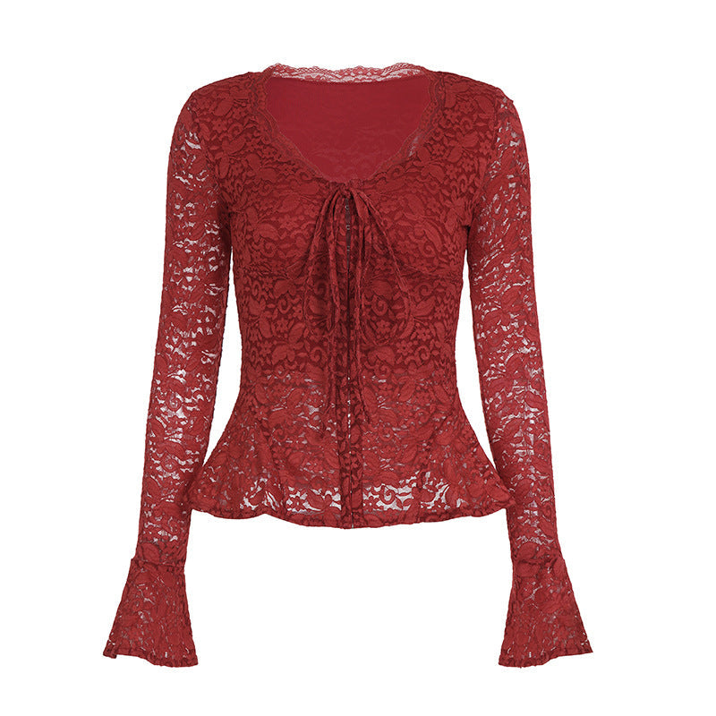 Damen Spitzenbluse mit romantischen Rüschen und bindbarem Dekolleté R&B