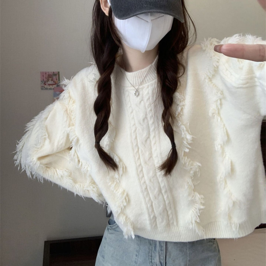 Damen Grobstrickpullover mit fransigen Details und lässigem Schnitt R&B