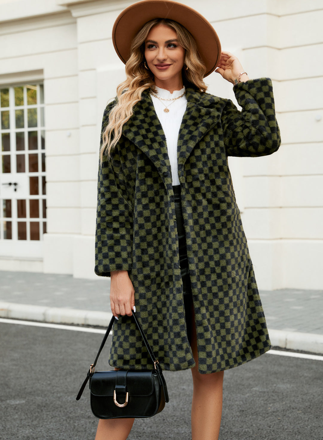 Damen eleganter Kunstfell-Mantel mit modernem Karomuster und weitem Kragen R&B