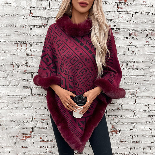 Damen modischer Poncho mit dekorativem Kunstfellkragen R&B