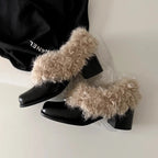 Damen modische Stiefeletten mit kuscheligem Fellkragen und robustem Blockabsatz R&B