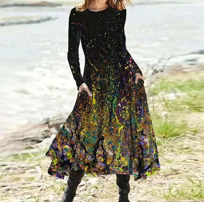 Damen nan A-Linien-Midikleid mit abstraktem Spritzmuster, Rundhalsausschnitt, langen Ärmeln und Eingrifftaschen R&B