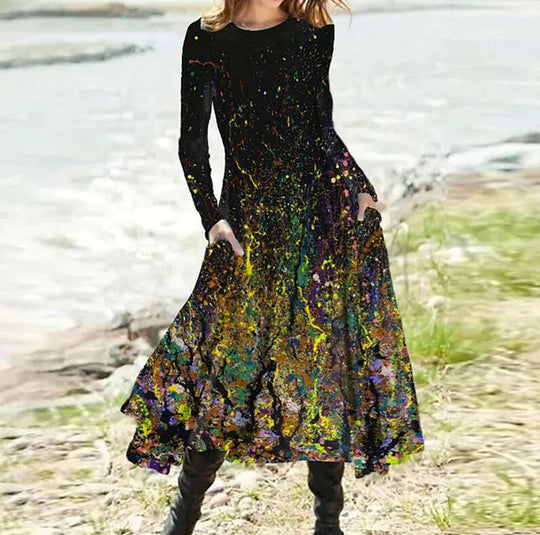 Damen nan A-Linien-Midikleid mit abstraktem Spritzmuster, Rundhalsausschnitt, langen Ärmeln und Eingrifftaschen R&B