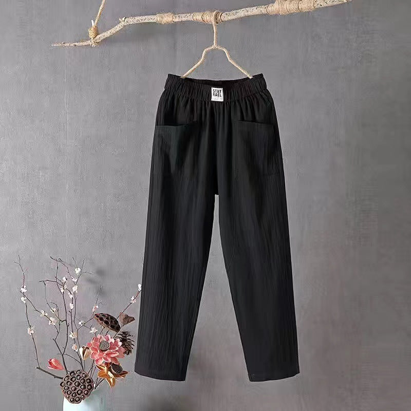Damen nan lässige Leinenmix-Hose mit elastischem Bund, geradem Bein und großen aufgesetzten Taschen R&B