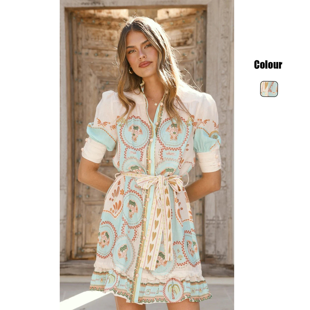 Damen Kurzarmkleid mit dekorativer Knopfleiste und verspieltem Volant R&B
