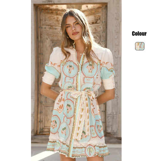 Damen Kurzarmkleid mit dekorativer Knopfleiste und verspieltem Volant R&B