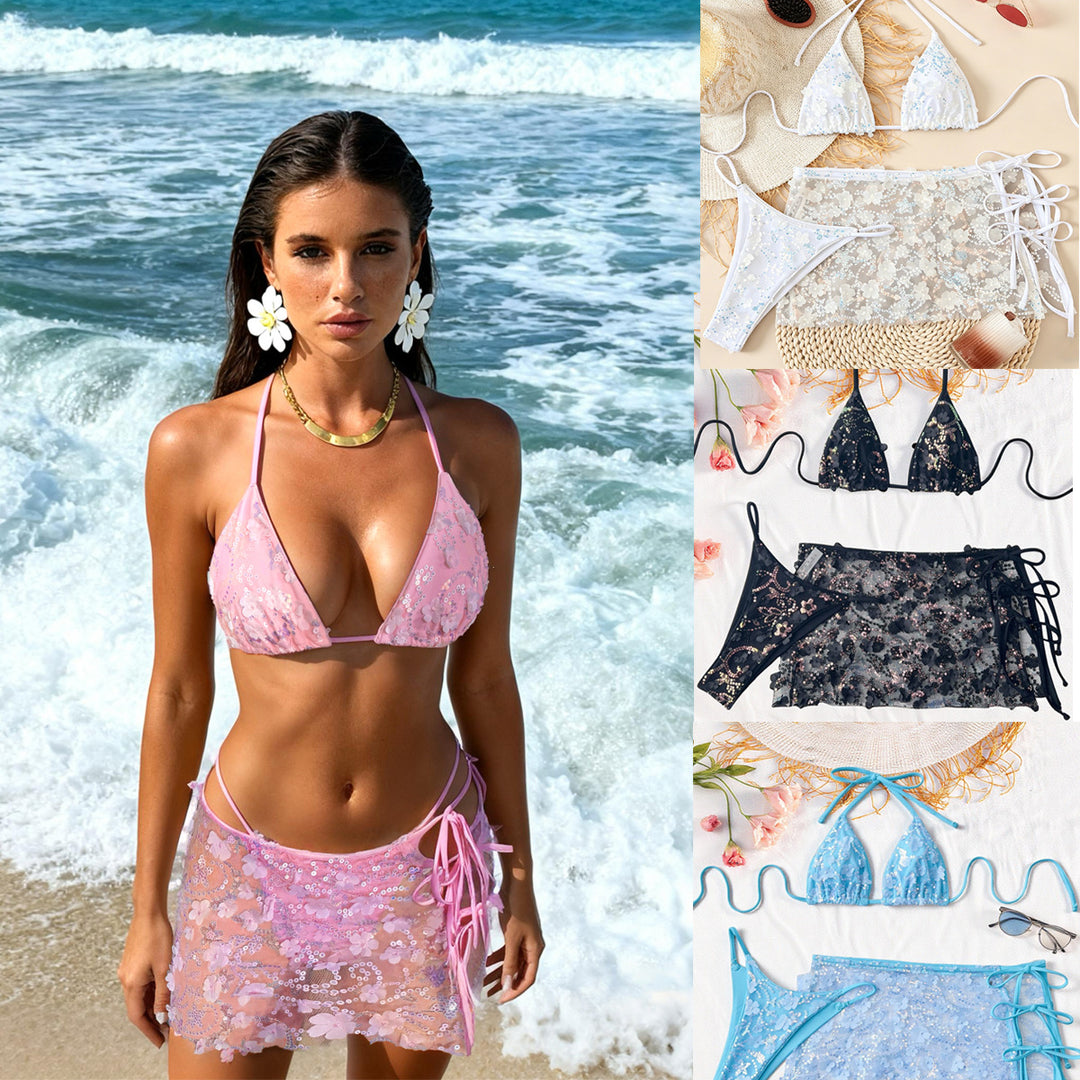 Damen Blumenmuster Triangel-Bikini mit transparentem Überrock R&B