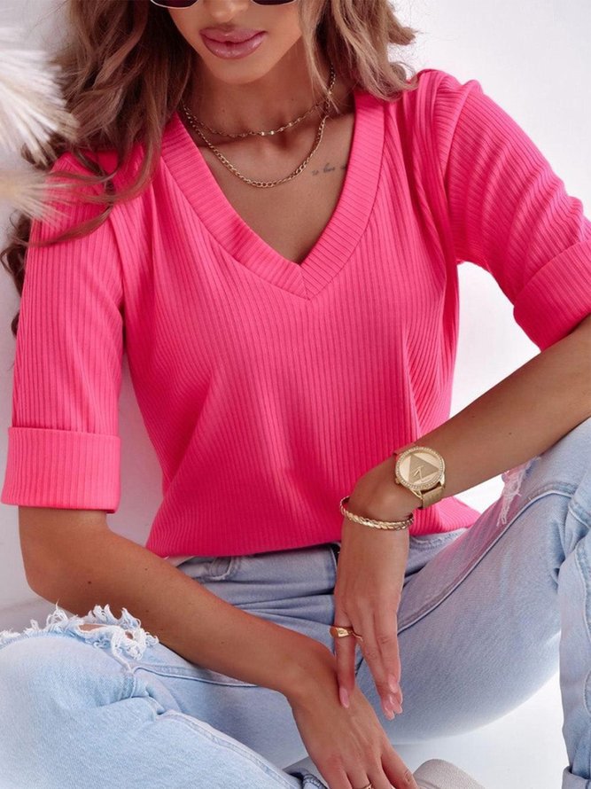 Damen V-Ausschnitt Kurzarmshirt aus geripptem Stoff R&B