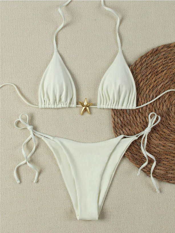 Damen Triangel-Bikini-Set mit verstellbaren Trägern und dekorativem Schmuckelement R&B