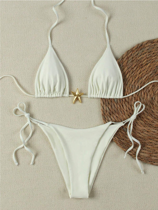 Damen Triangel-Bikini-Set mit verstellbaren Trägern und dekorativem Schmuckelement R&B
