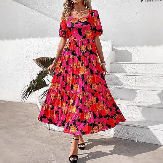 Damen Maxi-Kleid mit floralem Design und voluminösem Rock R&B