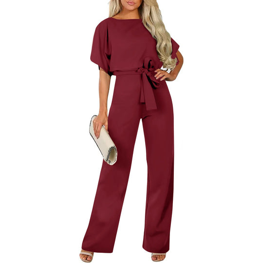 Damen langer Jumpsuit mit innovativem Bindegürtel und angeschnittenen Ärmeln R&B