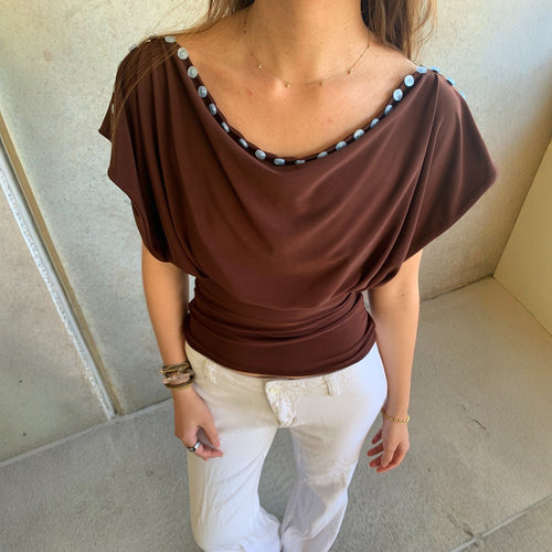 Damen Off-Shoulder Oberteil mit eleganter Knopfverzierung R&B