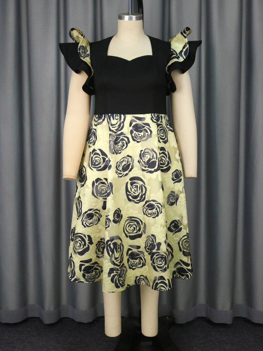Damen Elegantes Blumenmuster Kleid mit Rüschärmeln R&B