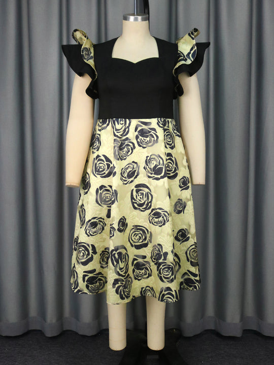Damen Elegantes Blumenmuster Kleid mit Rüschärmeln R&B