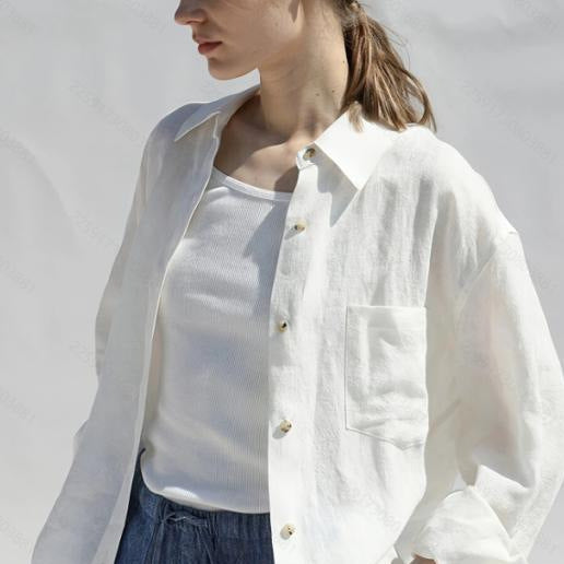 Damen lässige Leinenbluse mit knopfdetaillierter Vorderseite R&B