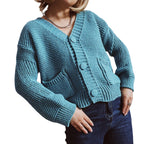 Damen lässige Strickjacke mit tiefem V-Ausschnitt und praktischen Taschen R&B