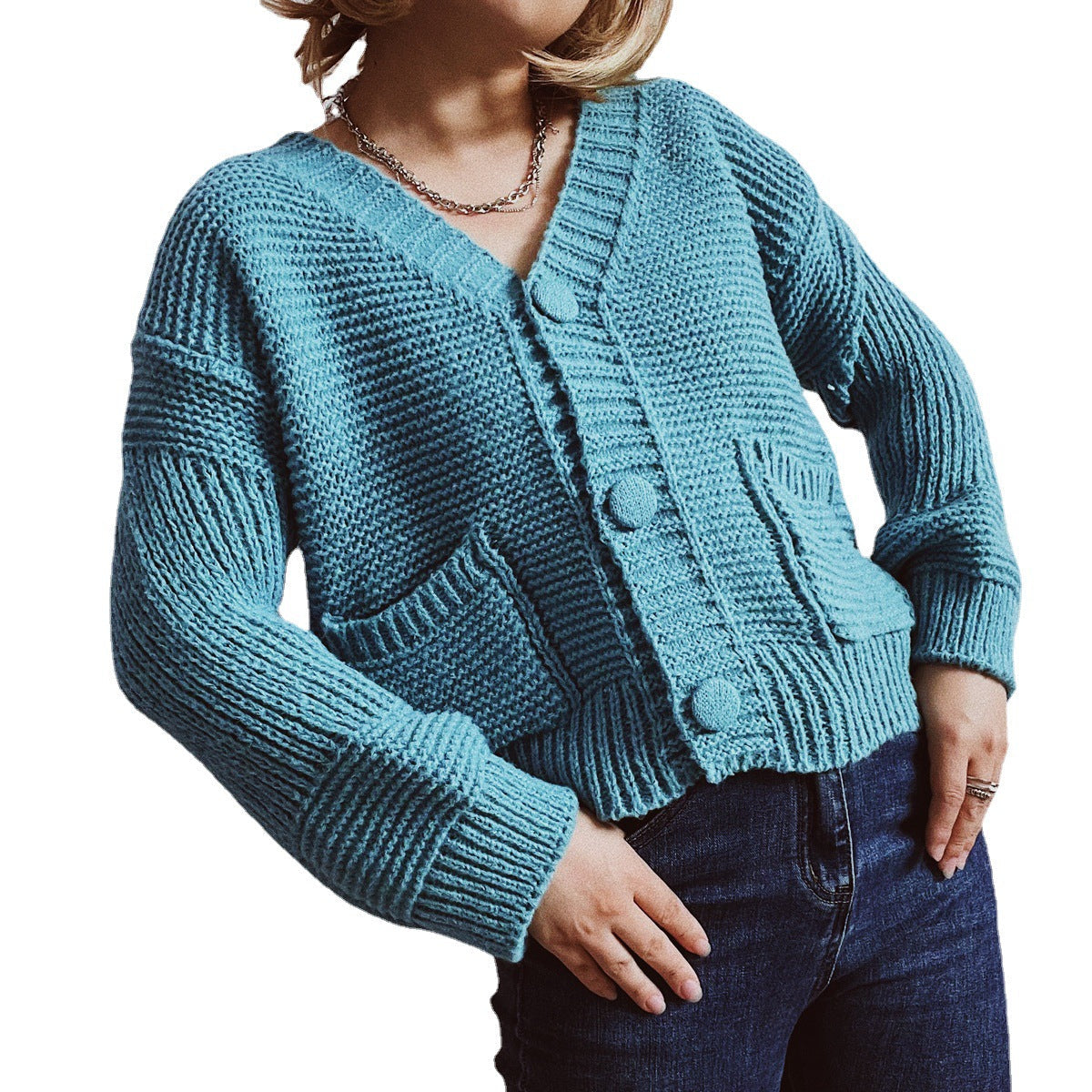 Damen lässige Strickjacke mit tiefem V-Ausschnitt und praktischen Taschen R&B