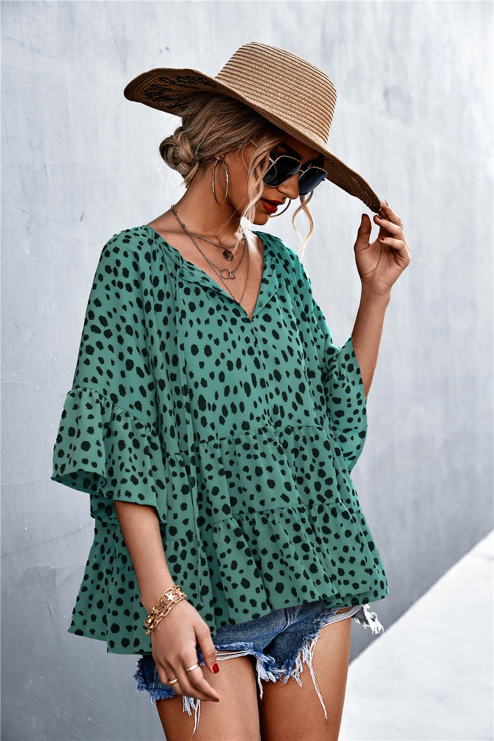 Damen lässige Bluse mit voluminösen Ärmel und modischem Punktmuster R&B