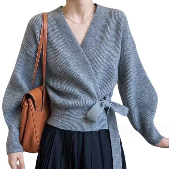Damen Wickelstrickjacke mit weit geschnittenen Ärmeln und Taillengürtel R&B