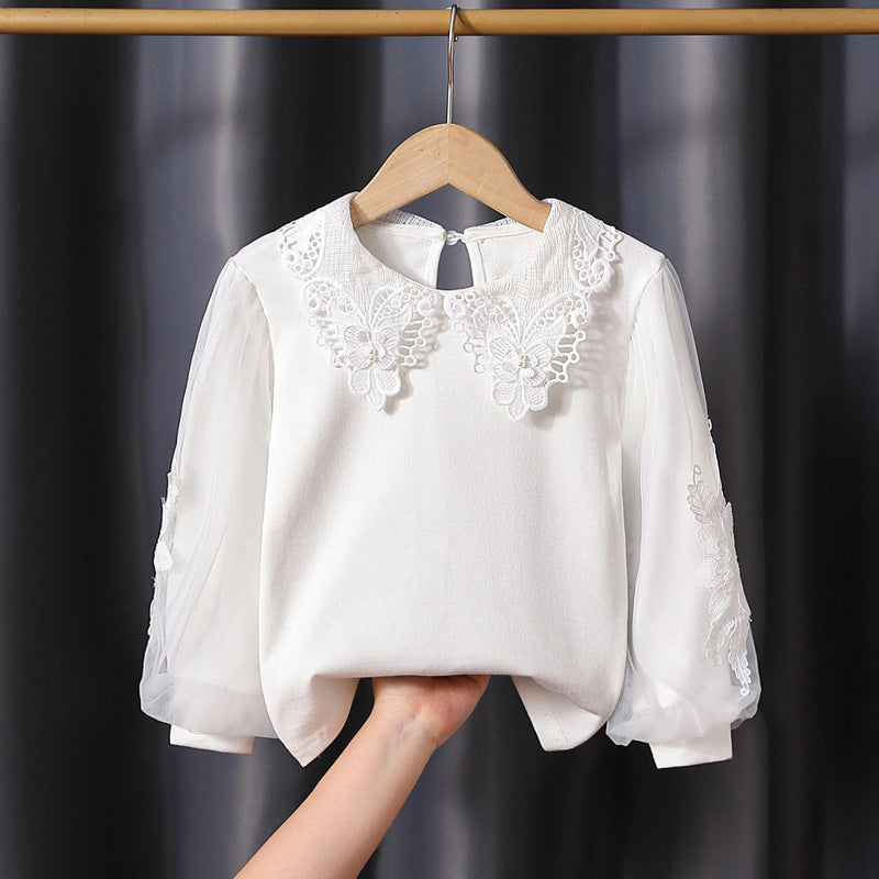 Mädchen modische Bluse mit eleganten Tüllärmeln und kunstvoller Spitzenverzierung R&B